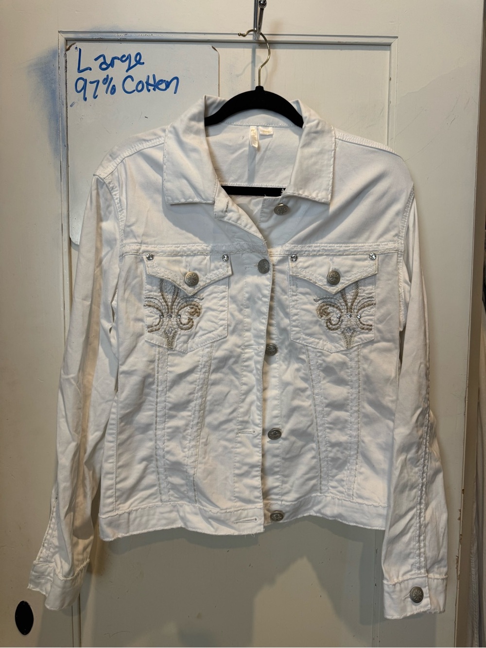 Women's White Embroidered Denim Jacket - Elegant Button-Front Style